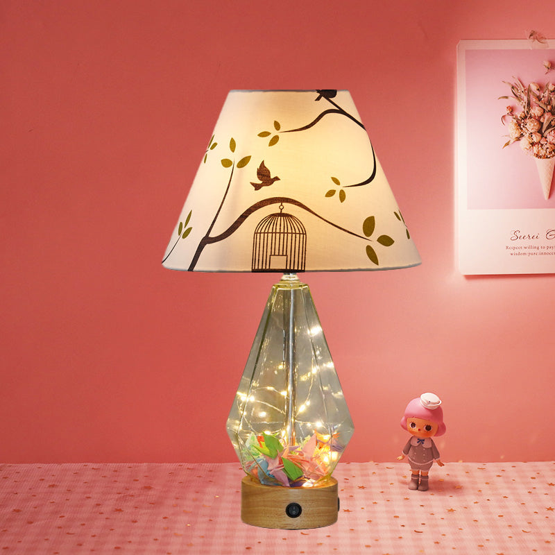 Clear Glass Urn/Diamond Night Lamp Contemporary 1-Bulb Bedroom Table Light with Cone Printing Fabric Shade Clearhalo 'Lamps' 'Table Lamps' Lighting' 786415