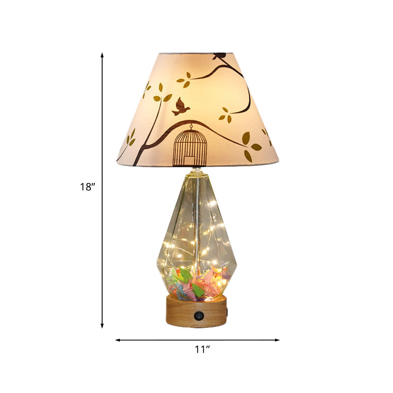 Clear Glass Urn/Diamond Night Lamp Contemporary 1-Bulb Bedroom Table Light with Cone Printing Fabric Shade Clearhalo 'Lamps' 'Table Lamps' Lighting' 786417