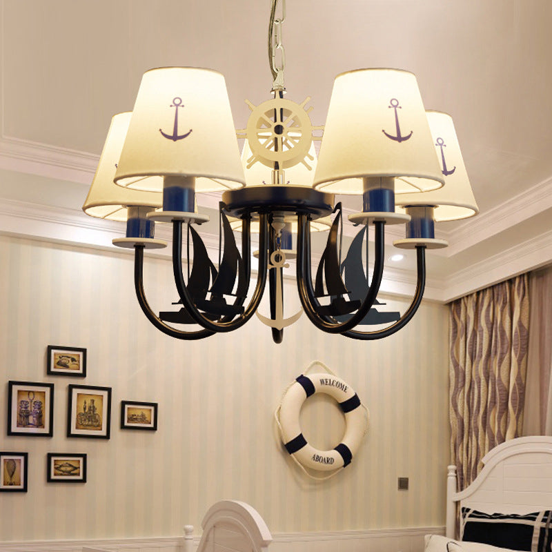 5/6-Light Bedroom Hanging Chandelier Mediterranean Blue Ceiling Suspension Lamp with Barrel Fabric Shade Clearhalo 'Ceiling Lights' 'Chandeliers' Lighting' options 786444
