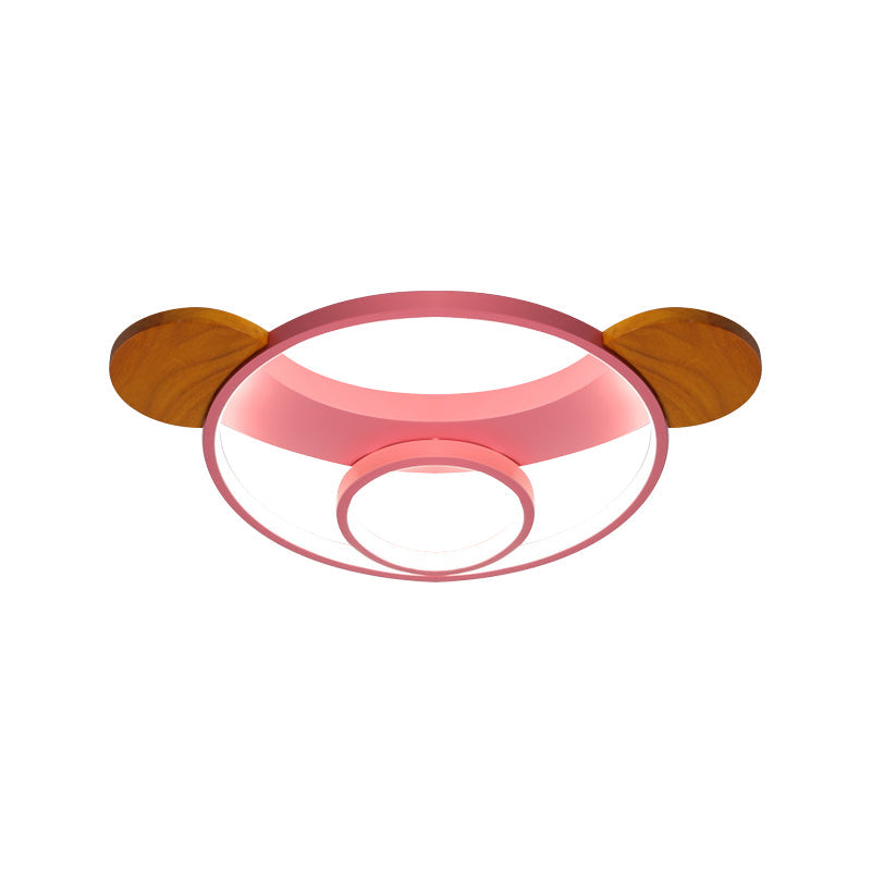 16"/19.5" W Bear Head Shape Flush Lamp Cartoon Metal LED Bedroom Flush Mount in Pink/Blue and Wood, Warm/White Light Clearhalo 'Ceiling Lights' 'Close To Ceiling Lights' 'Close to ceiling' 'Flush mount' Lighting' 786528