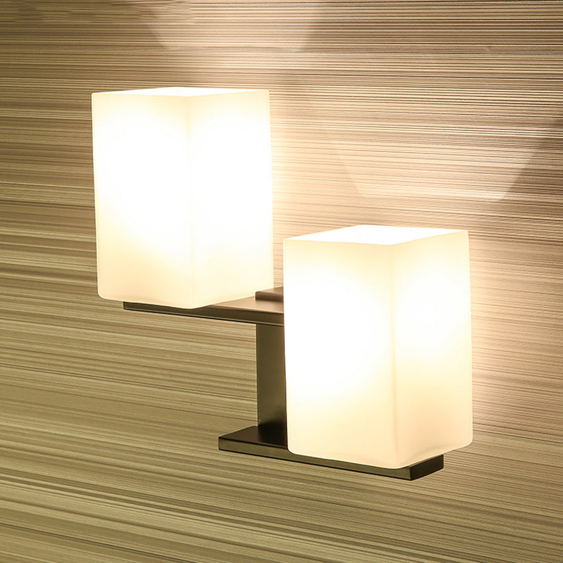 Opal Frosted Glass Rectangle Sconce Nordic Style 2 Bulbs White/Black Wall Mount Light Fixture Black Clearhalo 'Cast Iron' 'Glass' 'Industrial' 'Modern wall lights' 'Modern' 'Tiffany' 'Traditional wall lights' 'Wall Lamps & Sconces' 'Wall Lights' Lighting' 786595