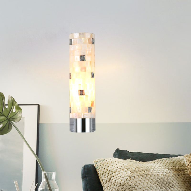 Pieced Work Pillar Wall Lamp Modern Shell 1 Head Bathroom Sconce Lighting in Chrome Clearhalo 'Cast Iron' 'Glass' 'Industrial' 'Modern wall lights' 'Modern' 'Tiffany' 'Traditional wall lights' 'Wall Lamps & Sconces' 'Wall Lights' Lighting' 786600