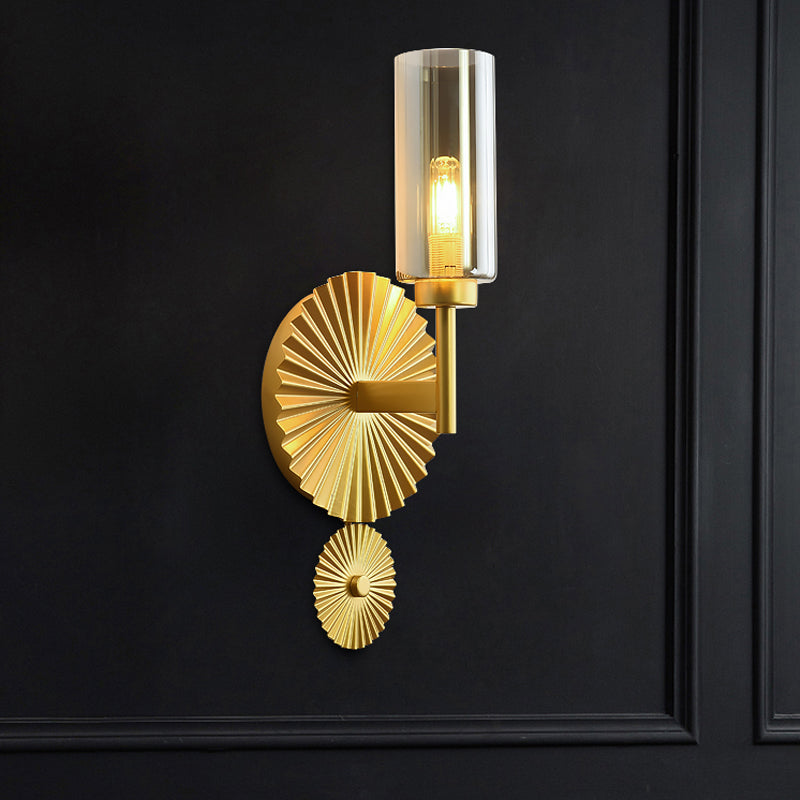 Mid Century Tubular Wall Lighting Ideas Clear/Amber/Smoke Grey Glass Single Bedside Sconce with Scalloped Backplate in Brass Smoke Gray Clearhalo 'Cast Iron' 'Glass' 'Industrial' 'Modern wall lights' 'Modern' 'Tiffany' 'Traditional wall lights' 'Wall Lamps & Sconces' 'Wall Lights' Lighting' 786647