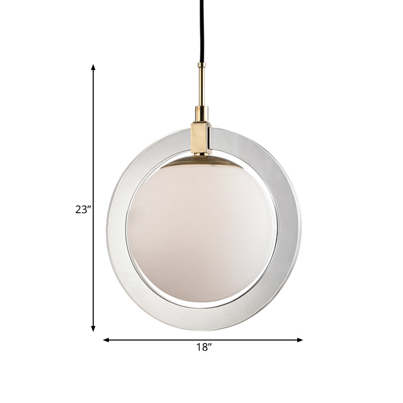 Globe Hanging Pendant Light Minimalist White Glass Single Bedside Suspended Lighting Fixture with Ring Arm Clearhalo 'Ceiling Lights' 'Glass shade' 'Glass' 'Modern Pendants' 'Modern' 'Pendant Lights' 'Pendants' Lighting' 786710