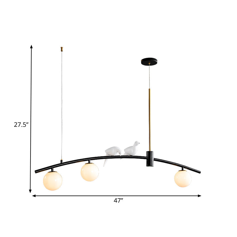 Mini Sphere Milk Glass Island Lamp Modern 3 Heads Black-Brass Suspension Pendant with Bird Decoration Clearhalo 'Ceiling Lights' 'Close To Ceiling Lights' 'Glass shade' 'Glass' 'Island Lights' Lighting' 786786