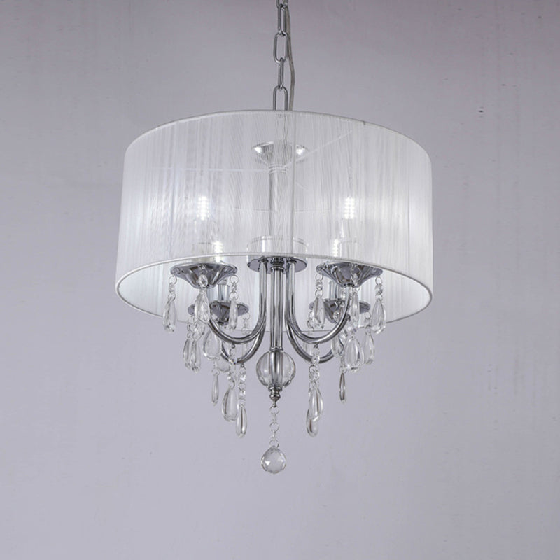 Drum Living Room Chandelier Lighting Fixture Simple Style Fabric 4 Lights Chrome Pendant Light Kit with Crystal Drop Clearhalo 'Ceiling Lights' 'Chandeliers' 'Modern Chandeliers' 'Modern' Lighting' 786928