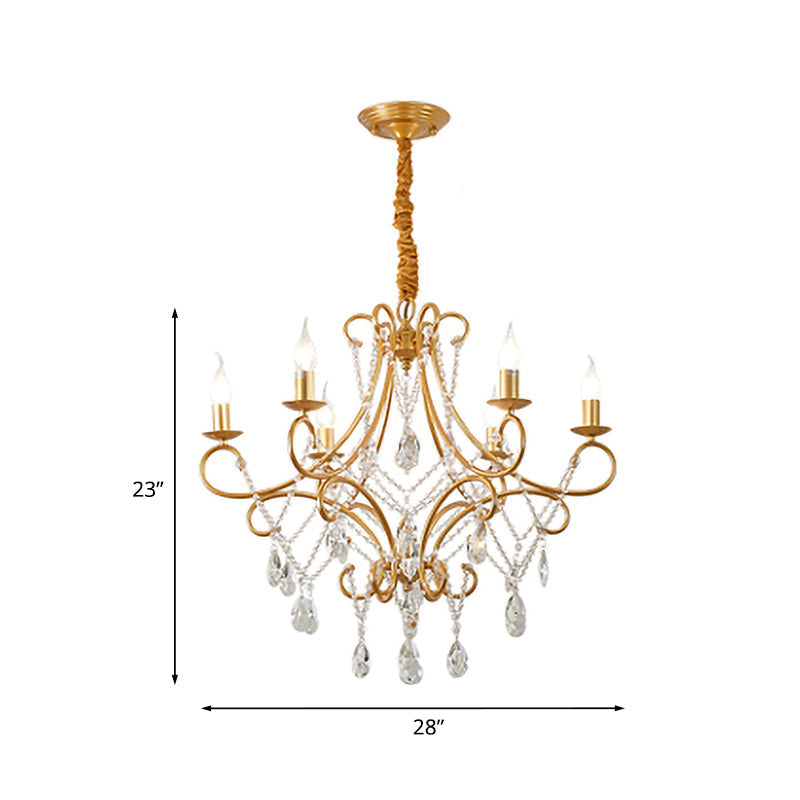 Gold Candle Style Scroll Arm Chandelier Victorian Crystal 5/6-Bulb Dining Room Ceiling Pendant Light Clearhalo 'Ceiling Lights' 'Chandeliers' Lighting' options 787410