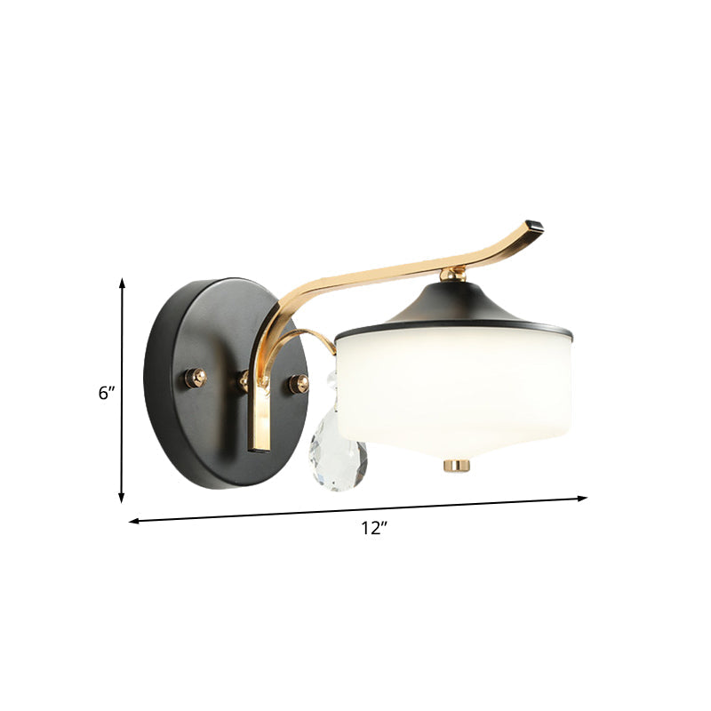 Drum Indoor Wall Sconce Opal Glass 1 Light Post Modern LED Wall Lighting in Black and Gold with Crystal Droplet Clearhalo 'Cast Iron' 'Glass' 'Industrial' 'Modern wall lights' 'Modern' 'Tiffany' 'Traditional wall lights' 'Wall Lamps & Sconces' 'Wall Lights' Lighting' 787658