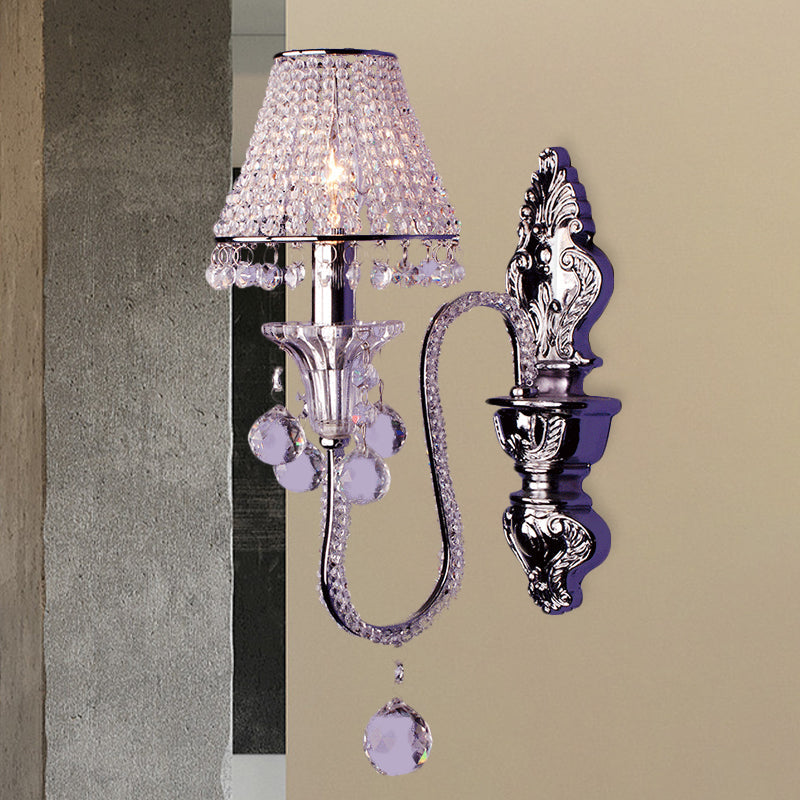 1/2-Head Crystal Beaded Wall Lamp Countryside Silver Conical Bedside Wall Mount Fixture with Swooping Arm 1.0 Silver Clearhalo 'Wall Lamps & Sconces' 'Wall Lights' Lighting' 787824