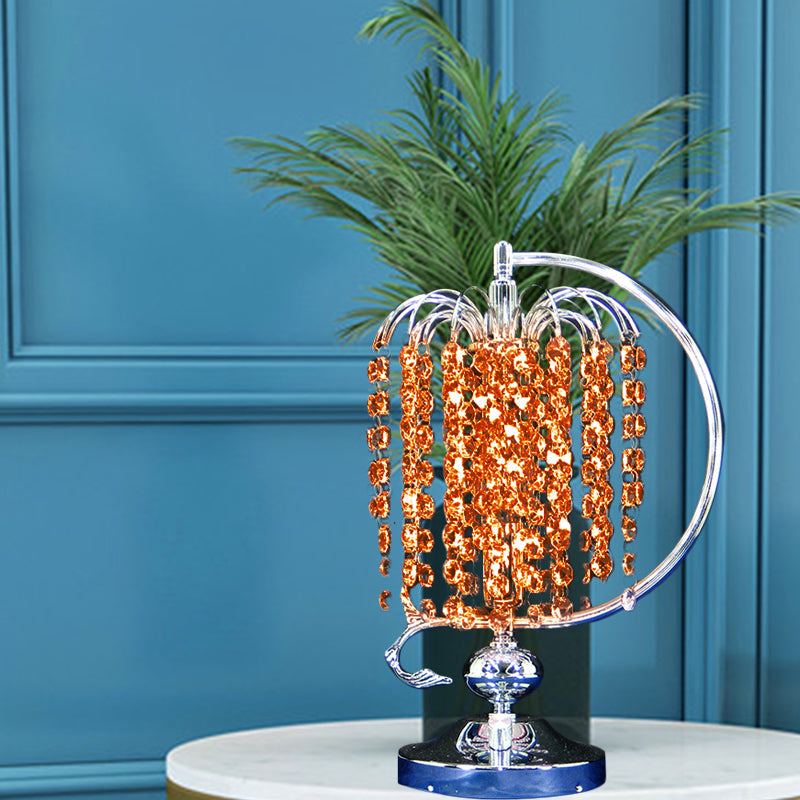 1-Head Drooping Tassel Night Light Retro Pink/Yellow/Blue Crystal Table Lighting with Polished Chrome C Arm Clearhalo 'Lamps' 'Table Lamps' Lighting' 788078