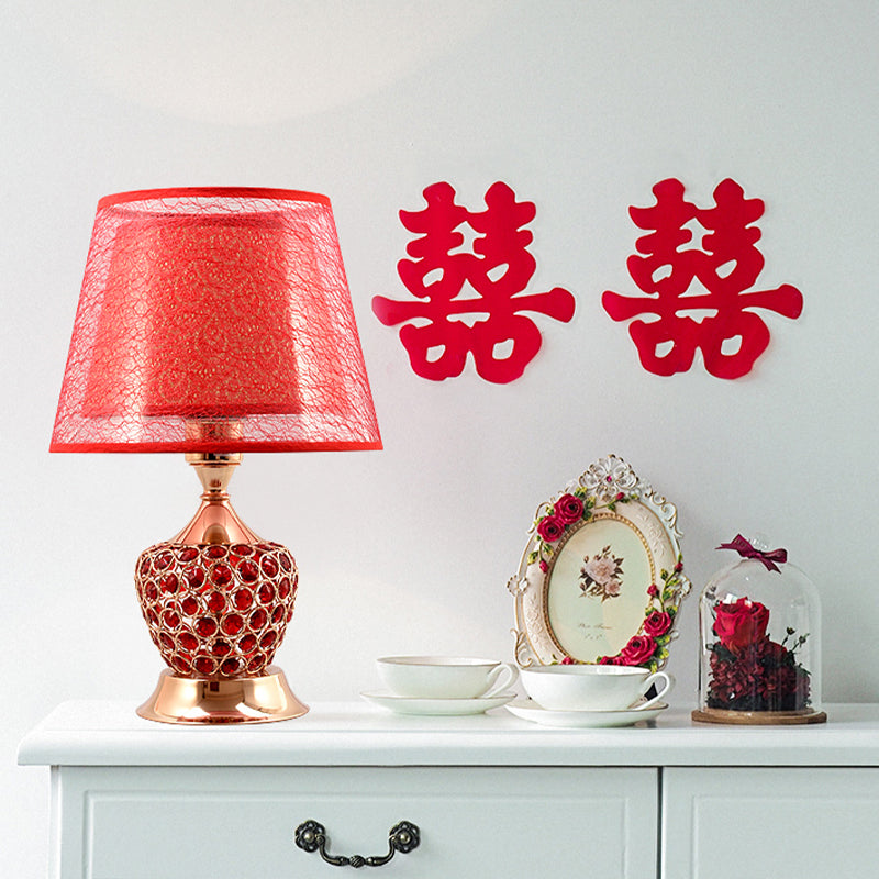 1 Light Night Stand Lamp Retro Urn Shape Crystal Embedded Table Lighting with Dual Empire Shade in Red/Gold Red Clearhalo 'Lamps' 'Table Lamps' Lighting' 788118