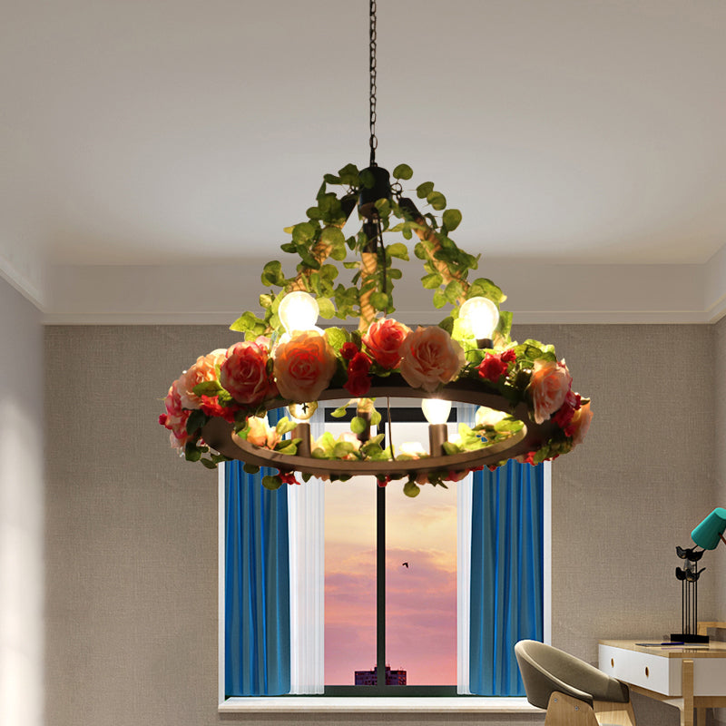 6 Lights Exposed Bulb Chandelier Lamp Loft Style Black Metal Pendant Light Kit with Ring and Artificial Petal Deco Clearhalo 'Cast Iron' 'Ceiling Lights' 'Chandeliers' 'Industrial Chandeliers' 'Industrial' 'Metal' 'Middle Century Chandeliers' 'Rustic Chandeliers' 'Tiffany' Lighting' 790197