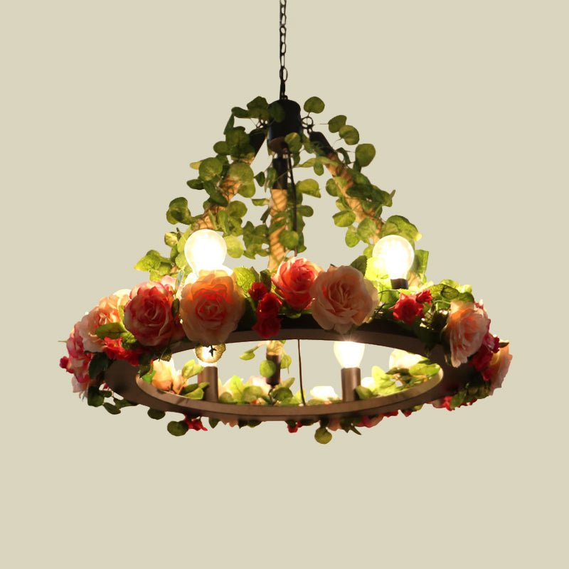 6 Lights Exposed Bulb Chandelier Lamp Loft Style Black Metal Pendant Light Kit with Ring and Artificial Petal Deco Clearhalo 'Cast Iron' 'Ceiling Lights' 'Chandeliers' 'Industrial Chandeliers' 'Industrial' 'Metal' 'Middle Century Chandeliers' 'Rustic Chandeliers' 'Tiffany' Lighting' 790199