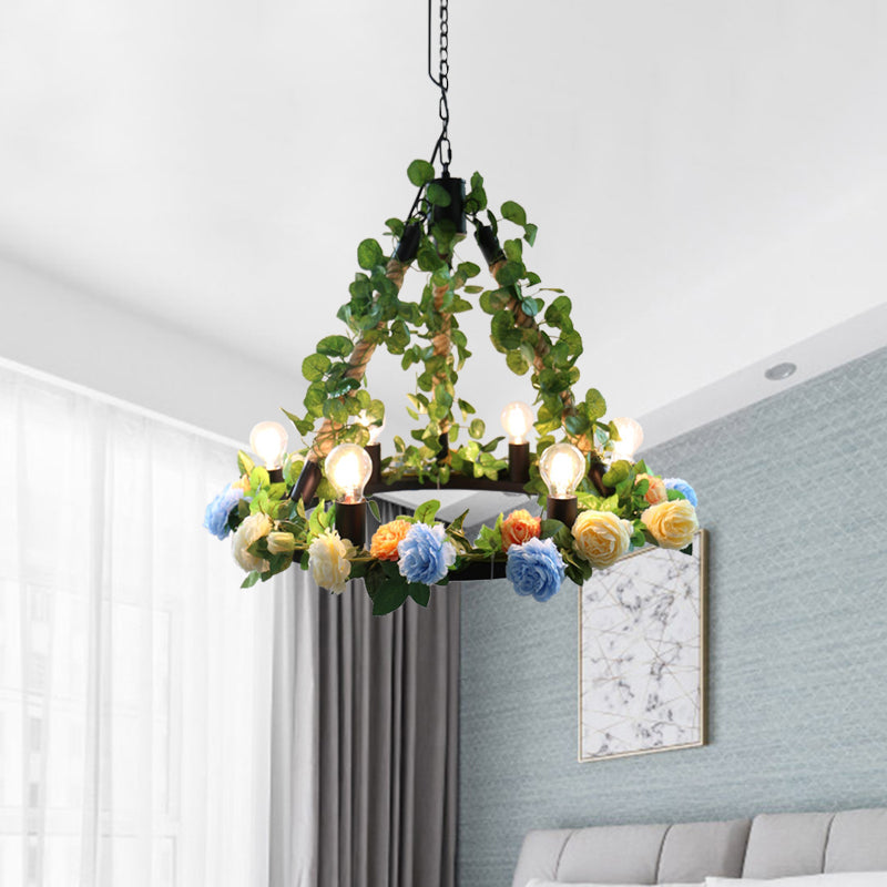 6 Lights Exposed Bulb Chandelier Lamp Loft Style Black Metal Pendant Light Kit with Ring and Artificial Petal Deco Clearhalo 'Cast Iron' 'Ceiling Lights' 'Chandeliers' 'Industrial Chandeliers' 'Industrial' 'Metal' 'Middle Century Chandeliers' 'Rustic Chandeliers' 'Tiffany' Lighting' 790202