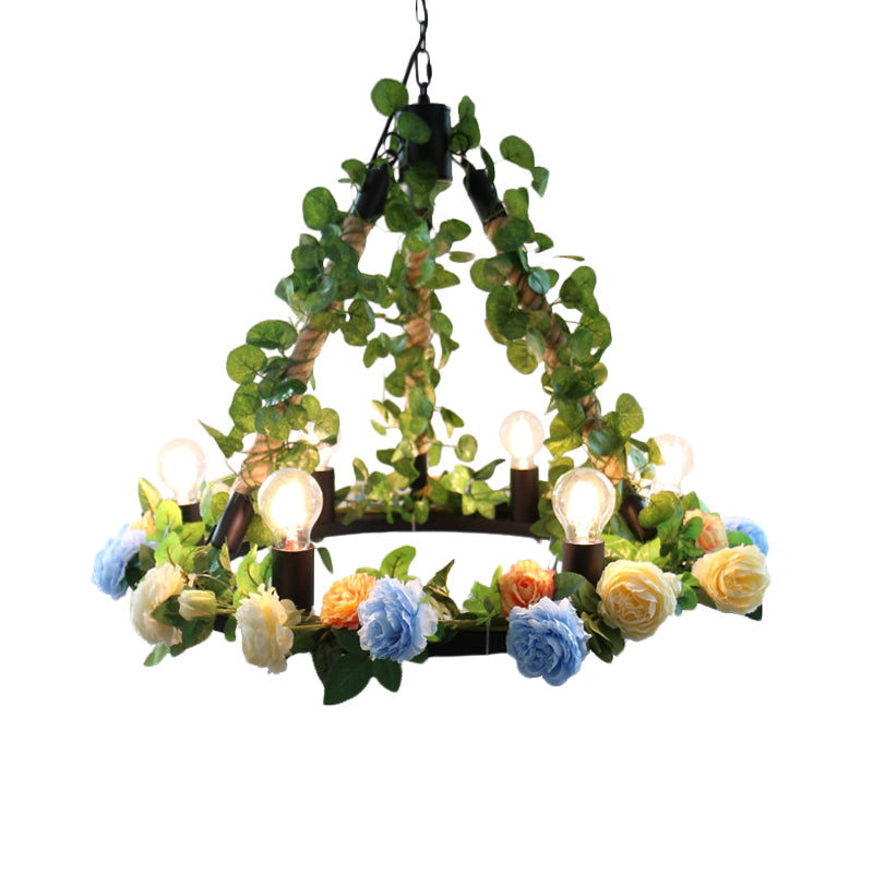 6 Lights Exposed Bulb Chandelier Lamp Loft Style Black Metal Pendant Light Kit with Ring and Artificial Petal Deco Clearhalo 'Cast Iron' 'Ceiling Lights' 'Chandeliers' 'Industrial Chandeliers' 'Industrial' 'Metal' 'Middle Century Chandeliers' 'Rustic Chandeliers' 'Tiffany' Lighting' 790204