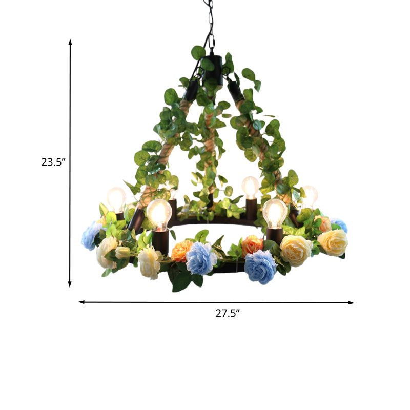 6 Lights Exposed Bulb Chandelier Lamp Loft Style Black Metal Pendant Light Kit with Ring and Artificial Petal Deco Clearhalo 'Cast Iron' 'Ceiling Lights' 'Chandeliers' 'Industrial Chandeliers' 'Industrial' 'Metal' 'Middle Century Chandeliers' 'Rustic Chandeliers' 'Tiffany' Lighting' 790205