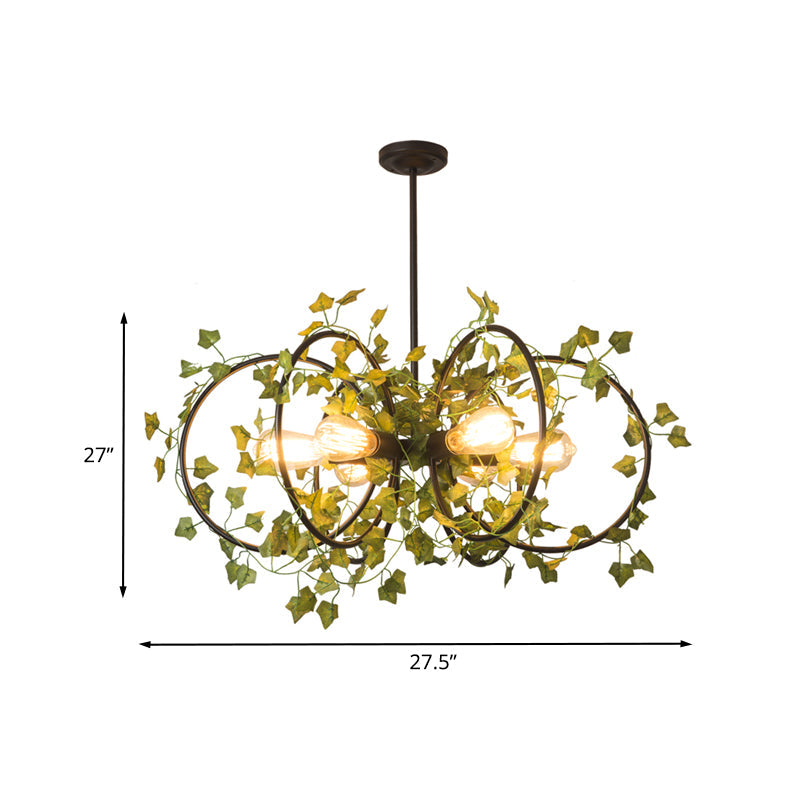 Black Round/Rectangle Hanging Chandelier Farm Style Metallic 6 Lights Dining Room Suspension Pendant with Green Plant Deco Clearhalo 'Cast Iron' 'Ceiling Lights' 'Chandeliers' 'Industrial Chandeliers' 'Industrial' 'Metal' 'Middle Century Chandeliers' 'Rustic Chandeliers' 'Tiffany' Lighting' 790266