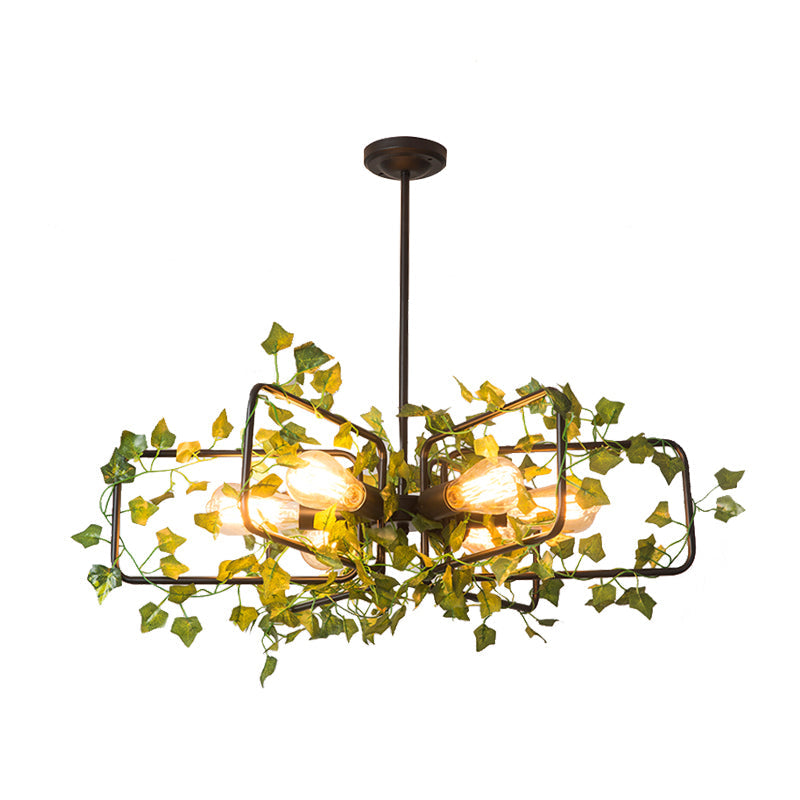 Black Round/Rectangle Hanging Chandelier Farm Style Metallic 6 Lights Dining Room Suspension Pendant with Green Plant Deco Clearhalo 'Cast Iron' 'Ceiling Lights' 'Chandeliers' 'Industrial Chandeliers' 'Industrial' 'Metal' 'Middle Century Chandeliers' 'Rustic Chandeliers' 'Tiffany' Lighting' 790269