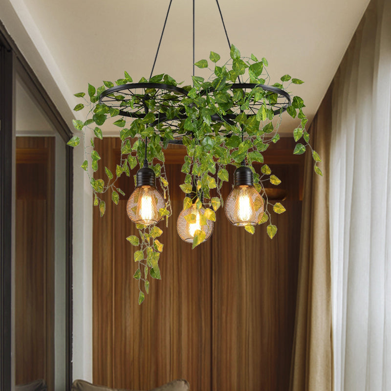 21.5"/35.5" W 3 Heads Metal Cluster Pendant Warehouse Black Wheel and Orb Cage Dining Room Hanging Lamp with Green Vine Green Clearhalo 'Art Deco Pendants' 'Cast Iron' 'Ceiling Lights' 'Ceramic' 'Crystal' 'Industrial Pendants' 'Industrial' 'Metal' 'Middle Century Pendants' 'Pendant Lights' 'Pendants' 'Tiffany' Lighting' 790272