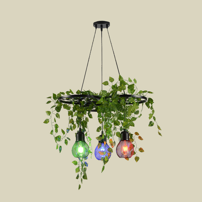Black 3-Head Cluster Pendant Light Loft Iron Wheel and Globe Cage Down Lighting with Green Art Vine, Round/Linear Canopy Clearhalo 'Art Deco Pendants' 'Black' 'Cast Iron' 'Ceiling Lights' 'Ceramic' 'Crystal' 'Industrial Pendants' 'Industrial' 'Metal' 'Middle Century Pendants' 'Pendant Lights' 'Pendants' 'Rustic Pendants' 'Tiffany' Lighting' 790288