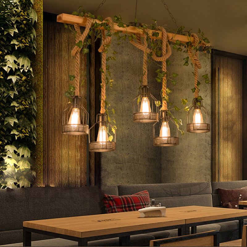 Metal Caged Island Pendant Light Industrial 3/5 Lights Dining Room Rope Hanging Lamp in Brown with Wood Beam 5 Brown Clearhalo 'Ceiling Lights' 'Island Lights' Lighting' 790298