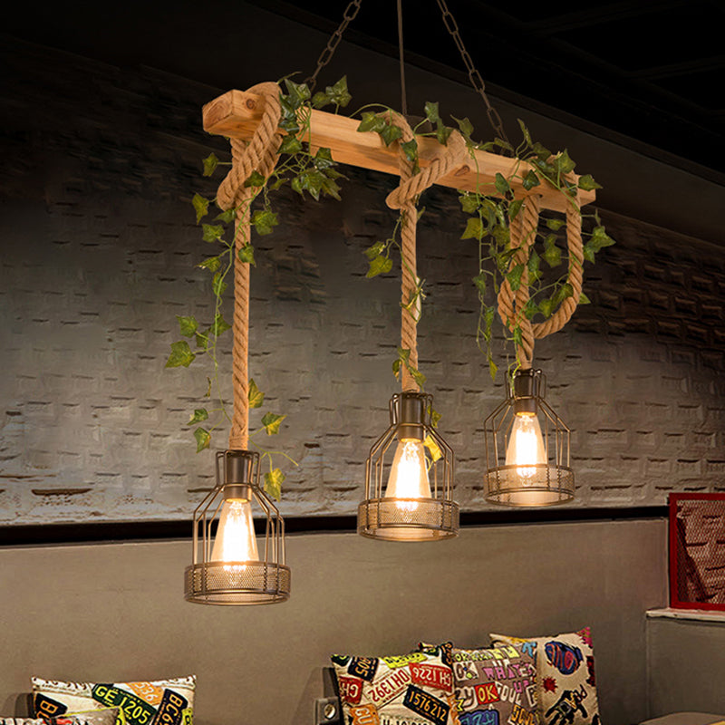 Metal Caged Island Pendant Light Industrial 3/5 Lights Dining Room Rope Hanging Lamp in Brown with Wood Beam 3 Brown Clearhalo 'Ceiling Lights' 'Island Lights' Lighting' 790302