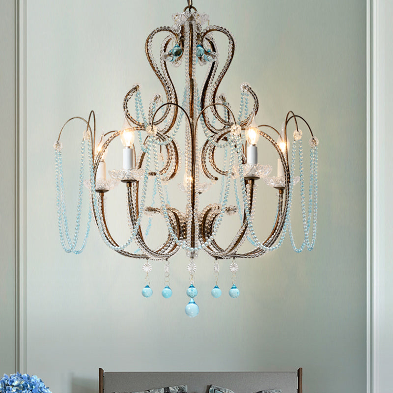 Candle Crystal Beads Hanging Chandelier Modernism 6 Bulbs Living Room Suspension Light in Rust Rust Clearhalo 'Ceiling Lights' 'Chandeliers' 'Modern Chandeliers' 'Modern' Lighting' 790355