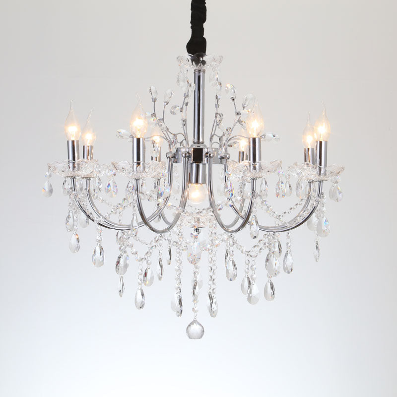 Crystal Swag Candle Chandelier Lighting Minimalist 9 Bulbs Living Room Pendant Lamp Fixture in Chrome Clearhalo 'Ceiling Lights' 'Chandeliers' 'Modern Chandeliers' 'Modern' Lighting' 790381