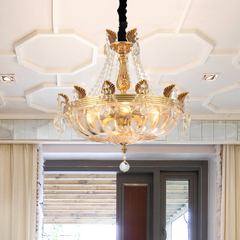 Vintage Basket Chandelier 5 Lights Transparent Glass Suspended Lighting Fixture in Brass Clearhalo 'Ceiling Lights' 'Chandeliers' 'Modern Chandeliers' 'Modern' Lighting' 790683