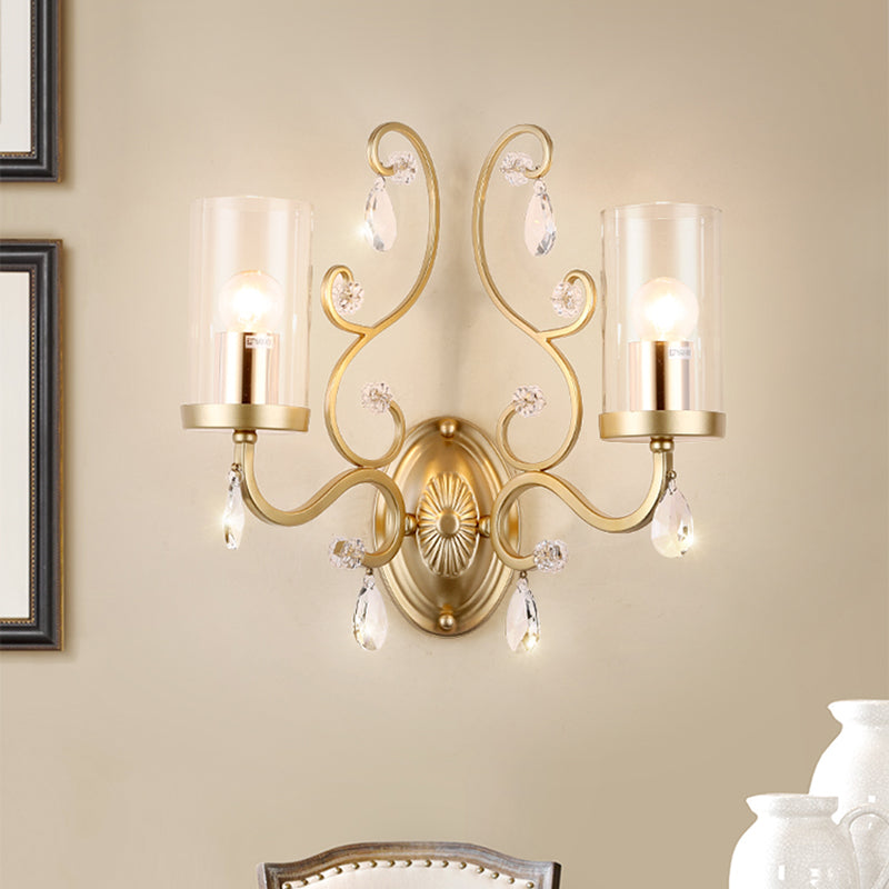 1/2-Bulb Clear Glass Wall Mounted Light Simple Brass Finish Cylinder Wall Lighting Ideas with Crystal Accent 2.0 Brass Clearhalo 'Cast Iron' 'Glass' 'Industrial' 'Modern wall lights' 'Modern' 'Tiffany' 'Traditional wall lights' 'Wall Lamps & Sconces' 'Wall Lights' Lighting' 791070