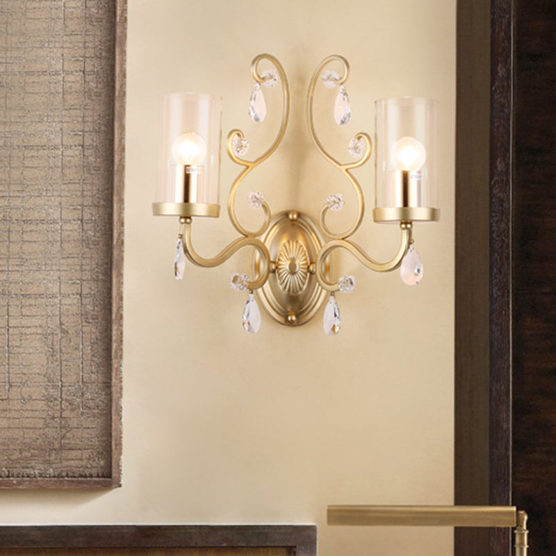 1/2-Bulb Clear Glass Wall Mounted Light Simple Brass Finish Cylinder Wall Lighting Ideas with Crystal Accent Clearhalo 'Cast Iron' 'Glass' 'Industrial' 'Modern wall lights' 'Modern' 'Tiffany' 'Traditional wall lights' 'Wall Lamps & Sconces' 'Wall Lights' Lighting' 791072