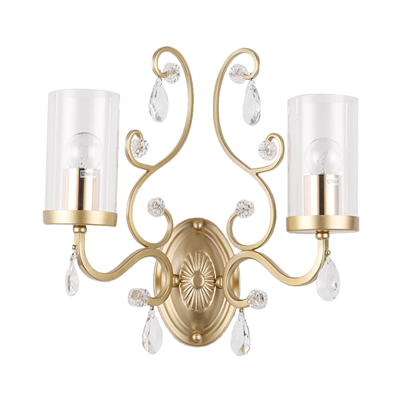 1/2-Bulb Clear Glass Wall Mounted Light Simple Brass Finish Cylinder Wall Lighting Ideas with Crystal Accent Clearhalo 'Cast Iron' 'Glass' 'Industrial' 'Modern wall lights' 'Modern' 'Tiffany' 'Traditional wall lights' 'Wall Lamps & Sconces' 'Wall Lights' Lighting' 791073