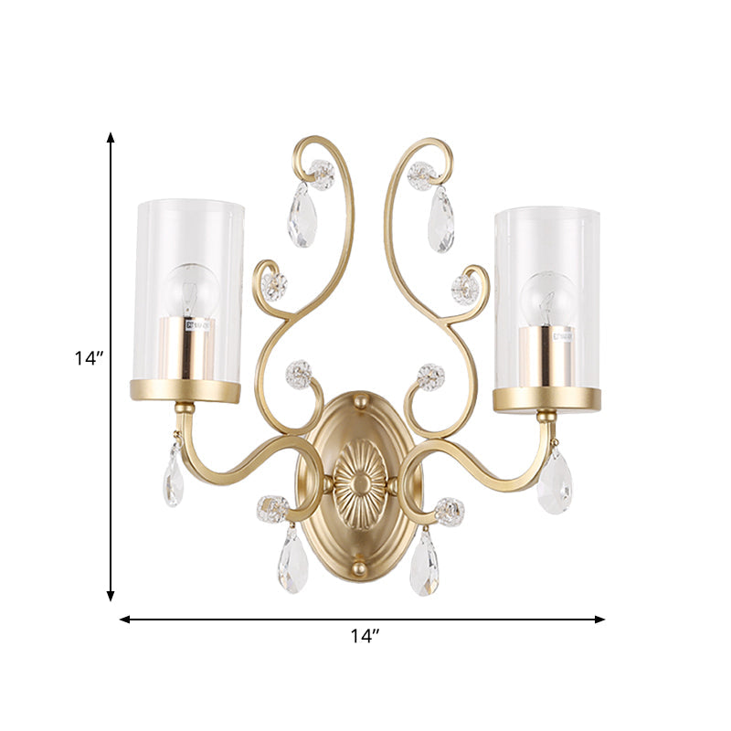 1/2-Bulb Clear Glass Wall Mounted Light Simple Brass Finish Cylinder Wall Lighting Ideas with Crystal Accent Clearhalo 'Cast Iron' 'Glass' 'Industrial' 'Modern wall lights' 'Modern' 'Tiffany' 'Traditional wall lights' 'Wall Lamps & Sconces' 'Wall Lights' Lighting' 791074