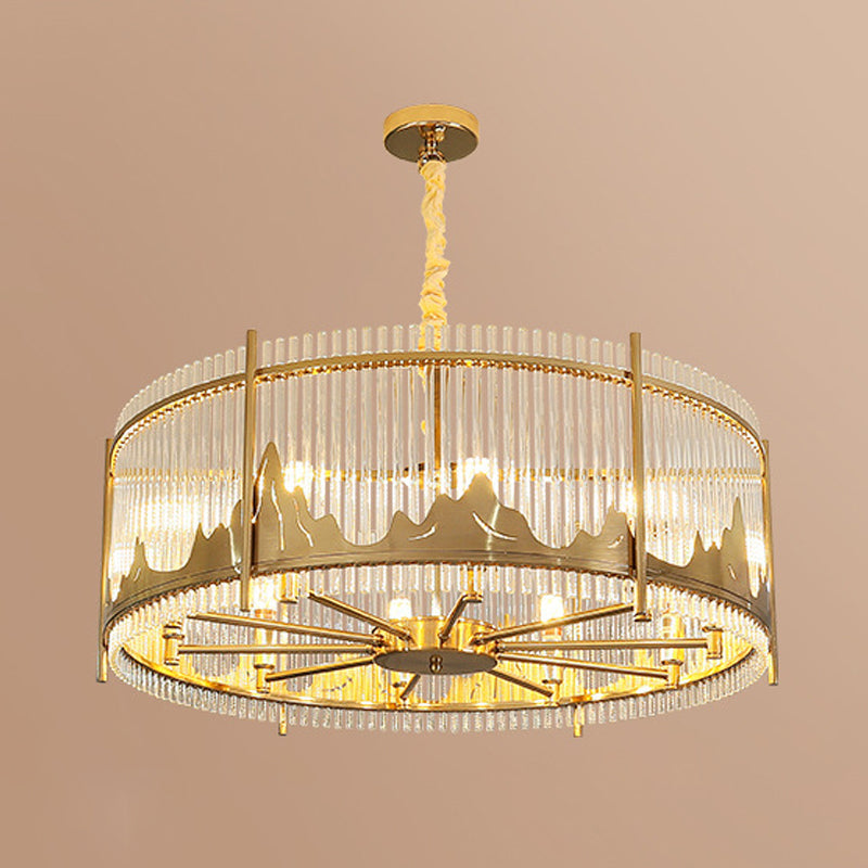 Strip Crystal Gold Ceiling Chandelier Drum Shape 8-Light Modernist Hanging Pendant with Mountain Pattern Clearhalo 'Ceiling Lights' 'Chandeliers' Lighting' options 791102