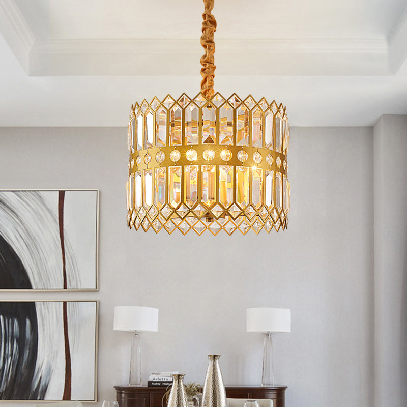 3/4 Lights Drum Hanging Lamp Traditional Gold Crystal Encrusted Chandelier Pendant Light 3 Gold Clearhalo 'Ceiling Lights' 'Chandeliers' Lighting' options 791117_6ba5d215-6789-45c4-8e1c-7fb52938e7b8