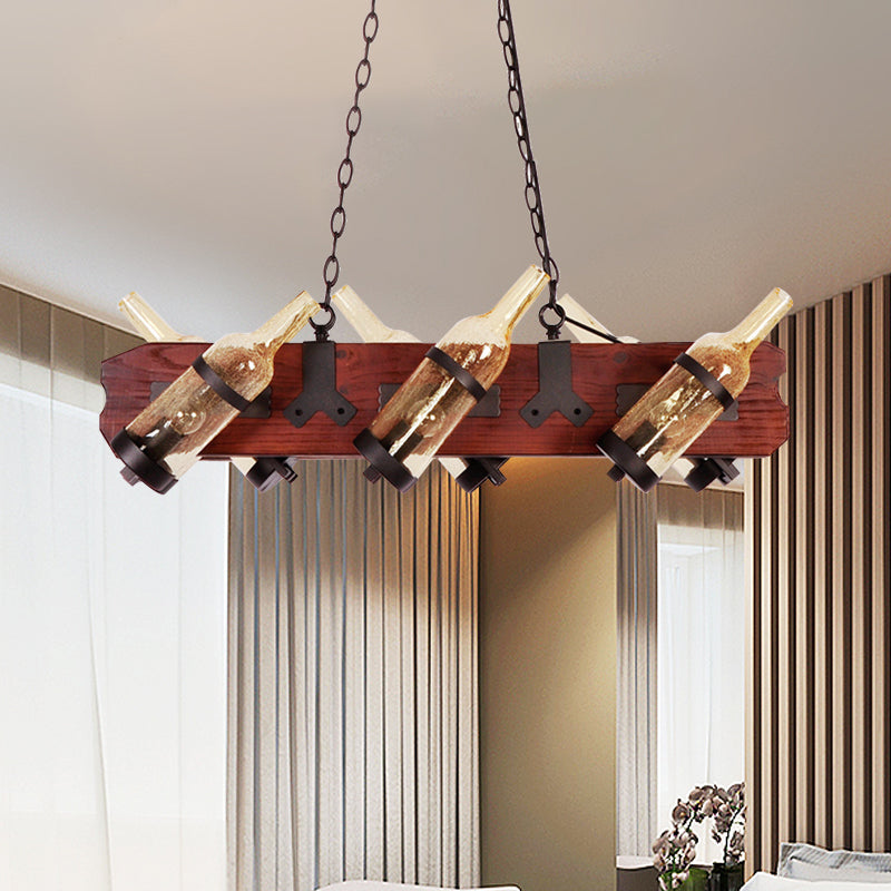 4/6-Head Island Lamp Warehouse Bottle Frosted White/Amber Glass Suspended Lighting Fixture with Brown Wood Arm 6 Brown Amber Clearhalo 'Ceiling Lights' 'Island Lights' Lighting' 791327