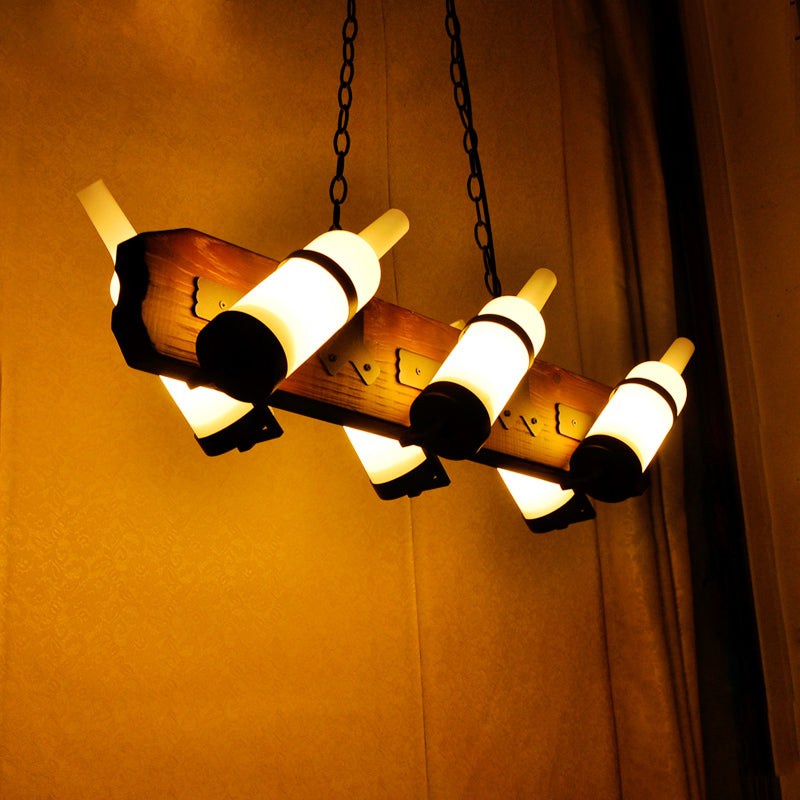 4/6-Head Island Lamp Warehouse Bottle Frosted White/Amber Glass Suspended Lighting Fixture with Brown Wood Arm 6 Brown White Clearhalo 'Ceiling Lights' 'Island Lights' Lighting' 791331