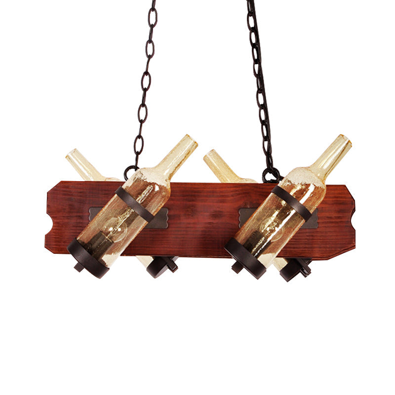 4/6-Head Island Lamp Warehouse Bottle Frosted White/Amber Glass Suspended Lighting Fixture with Brown Wood Arm Clearhalo 'Ceiling Lights' 'Island Lights' Lighting' 791337