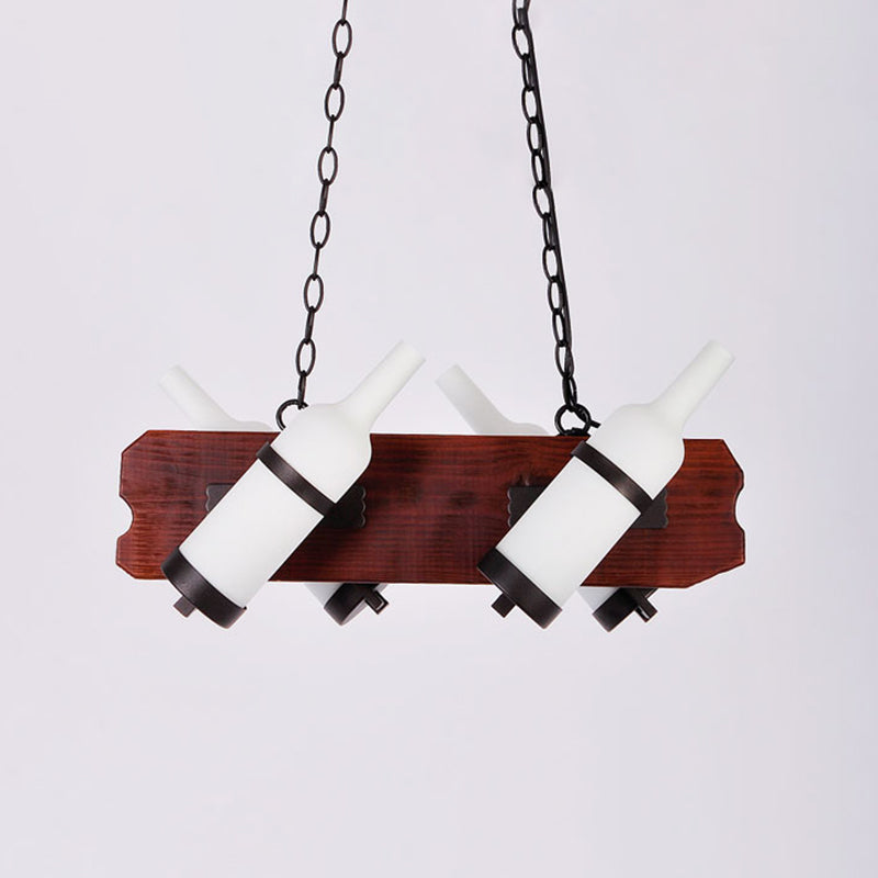 4/6-Head Island Lamp Warehouse Bottle Frosted White/Amber Glass Suspended Lighting Fixture with Brown Wood Arm Clearhalo 'Ceiling Lights' 'Island Lights' Lighting' 791343