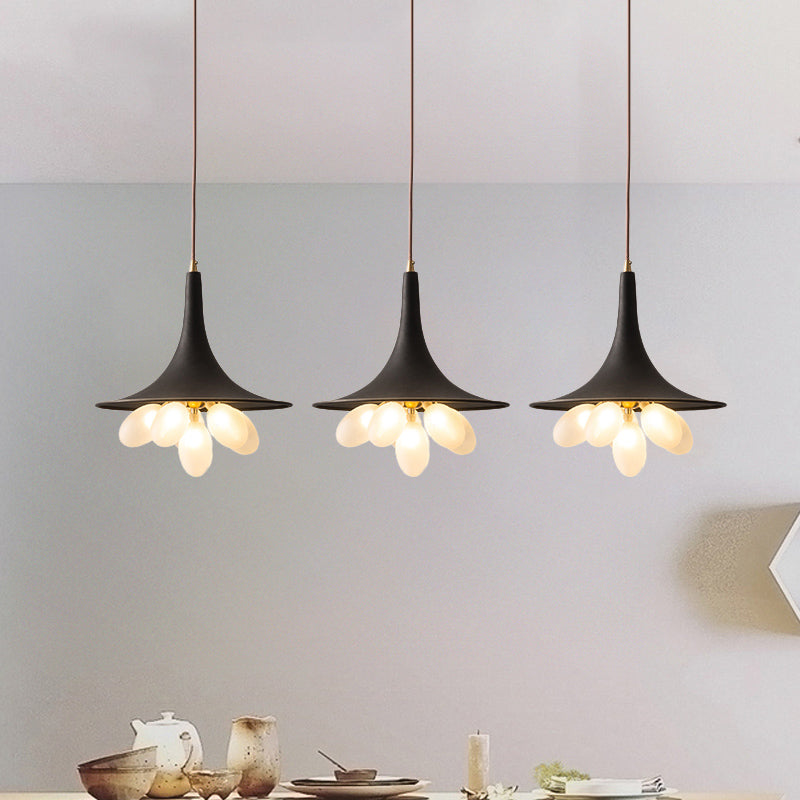 6/11-Bulb Iron Pendant Chandelier Industrial Black Wide Flared Dining Room Hanging Lamp with Grapes Frosted Glass Shade Clearhalo 'Cast Iron' 'Ceiling Lights' 'Chandeliers' 'Industrial Chandeliers' 'Industrial' 'Metal' 'Middle Century Chandeliers' 'Rustic Chandeliers' 'Tiffany' Lighting' 791435