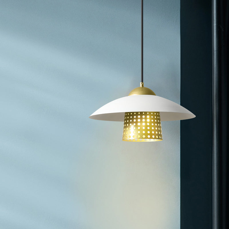 1-Light Commercial Pendant Lighting Retro Mesh Cloche Metal Hanging Lamp with Saucer Cap in Black/White/Gold Clearhalo 'Art Deco Pendants' 'Black' 'Cast Iron' 'Ceiling Lights' 'Ceramic' 'Crystal' 'Industrial Pendants' 'Industrial' 'Metal' 'Middle Century Pendants' 'Pendant Lights' 'Pendants' 'Rustic Pendants' 'Tiffany' Lighting' 791486