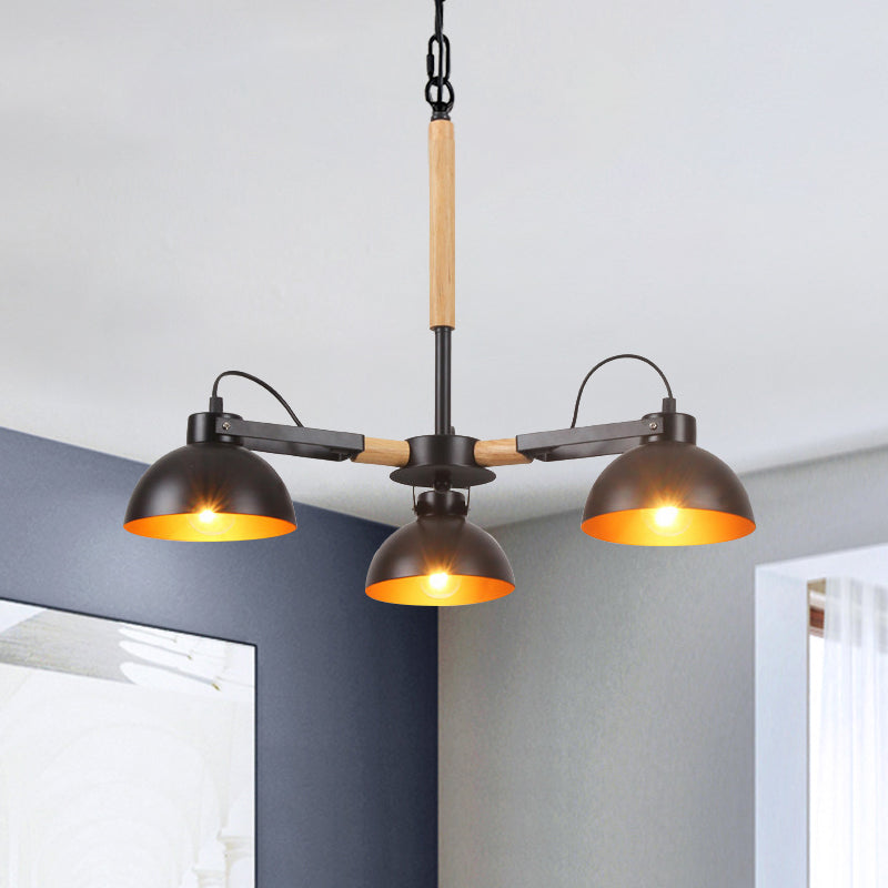 Iron Black and Gold Inner Chandelier Rotatable Bowl Shade 3/5/6 Heads Factory Ceiling Suspension Lamp with Wood Arm Clearhalo 'Cast Iron' 'Ceiling Lights' 'Chandeliers' 'Industrial Chandeliers' 'Industrial' 'Metal' 'Middle Century Chandeliers' 'Rustic Chandeliers' 'Tiffany' Lighting' 791574