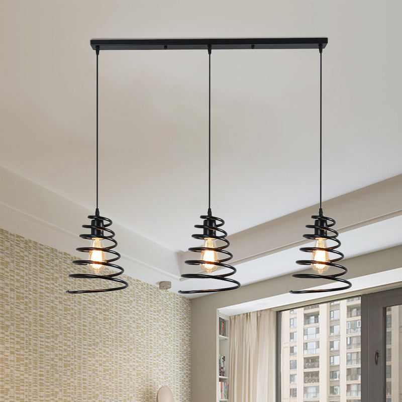 3 Heads Multi Light Pendant Loft Conical Spring Iron Hanging Ceiling Light in Black with Round/Linear Canopy Clearhalo 'Art Deco Pendants' 'Black' 'Cast Iron' 'Ceiling Lights' 'Ceramic' 'Crystal' 'Industrial Pendants' 'Industrial' 'Metal' 'Middle Century Pendants' 'Pendant Lights' 'Pendants' 'Rustic Pendants' 'Tiffany' Lighting' 791600
