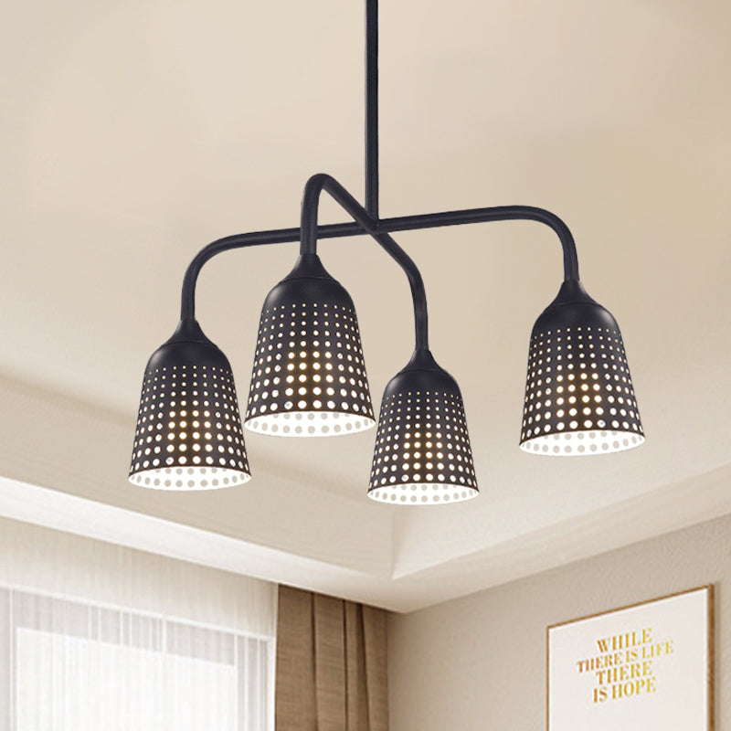 Black Bell Pierced Hanging Island Light Factory Iron 4 Heads Kitchen Dinette Pendant Light Fixture Black Clearhalo 'Ceiling Lights' 'Island Lights' Lighting' 791641