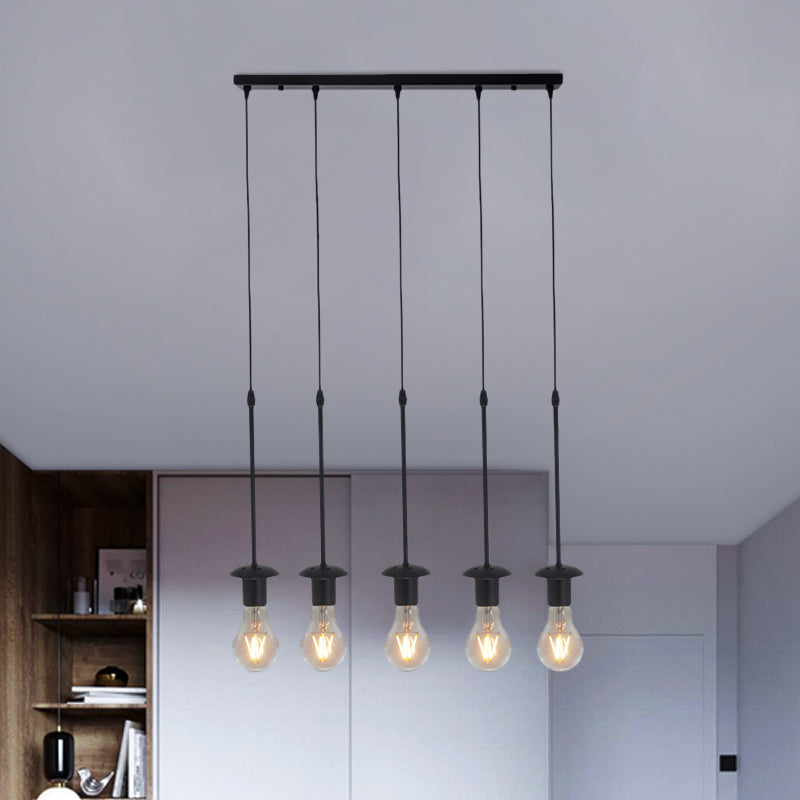 Iron Exposed Bulb Drapes Ceiling Light Loft 5/10 Heads Bistro Multi Light Pendant Lighting in Black, Round/Linear Canopy Clearhalo 'Art Deco Pendants' 'Black' 'Cast Iron' 'Ceiling Lights' 'Ceramic' 'Crystal' 'Industrial Pendants' 'Industrial' 'Metal' 'Middle Century Pendants' 'Pendant Lights' 'Pendants' 'Rustic Pendants' 'Tiffany' Lighting' 791693