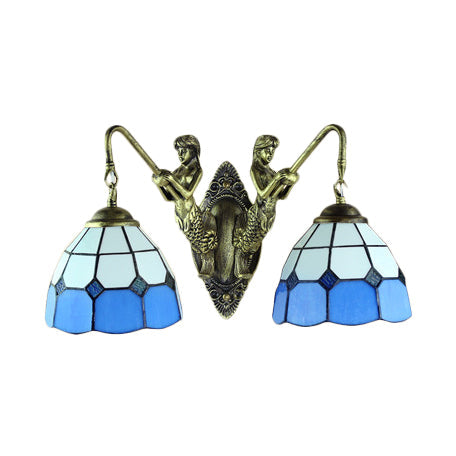 2 Heads Wall Mounted Light Tiffany Dome/Cone Multicolor Stained Glass Sconce Light in Brass with Gem/Rhombus/Circle Pattern Clearhalo 'Industrial' 'Middle century wall lights' 'Tiffany wall lights' 'Tiffany' 'Wall Lamps & Sconces' 'Wall Lights' Lighting' 7926