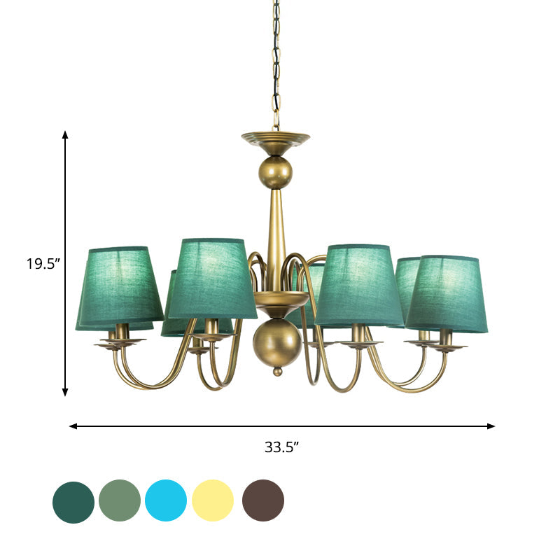 8-Bulb Tapered Chandelier Light Fixture Country Coffee/Yellow/Dark Green Fabric Down Lighting with Swooping Arm Clearhalo 'Ceiling Lights' 'Chandeliers' Lighting' options 794696