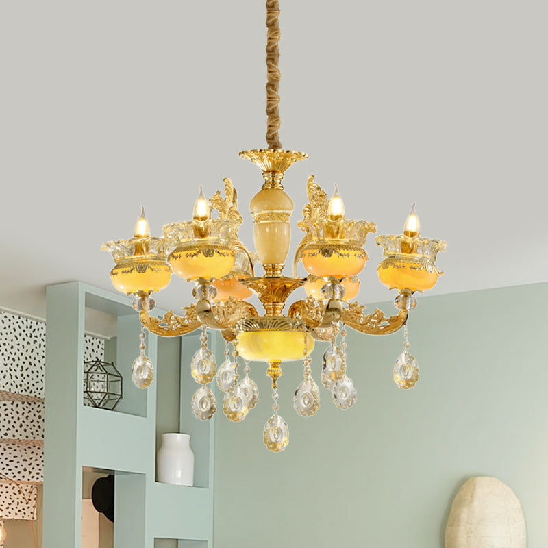 6-Light Chandelier Traditional Dining Hall Ceiling Suspension Lamp with Vase Mable Shade and Crystal Drape Clearhalo 'Ceiling Lights' 'Chandeliers' 'Modern Chandeliers' 'Modern' Lighting' 798404