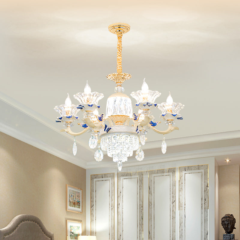 6/8 Lights Crystal Chandelier Pendant Modernism Rose Gold Blooming Bedroom Suspension Lamp with Ceramic Bobeche Clearhalo 'Ceiling Lights' 'Chandeliers' 'Modern Chandeliers' 'Modern' Lighting' 798471