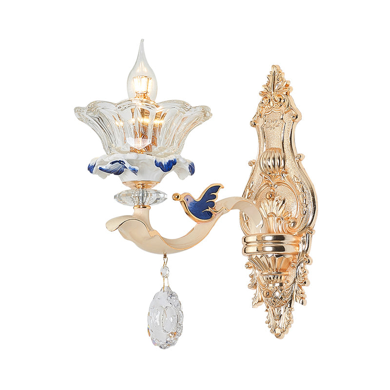 1/2-Head Wall Sconce Light Traditional Living Room Wall Mount Lamp with Flower Crystal Shade in Brass Clearhalo 'Cast Iron' 'Glass' 'Industrial' 'Modern wall lights' 'Modern' 'Tiffany' 'Traditional wall lights' 'Wall Lamps & Sconces' 'Wall Lights' Lighting' 798645